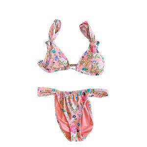 ONeill Womens Jrs Pink Floral Triangle Bikini Set Ruffle Strap High Cut Swimsuit